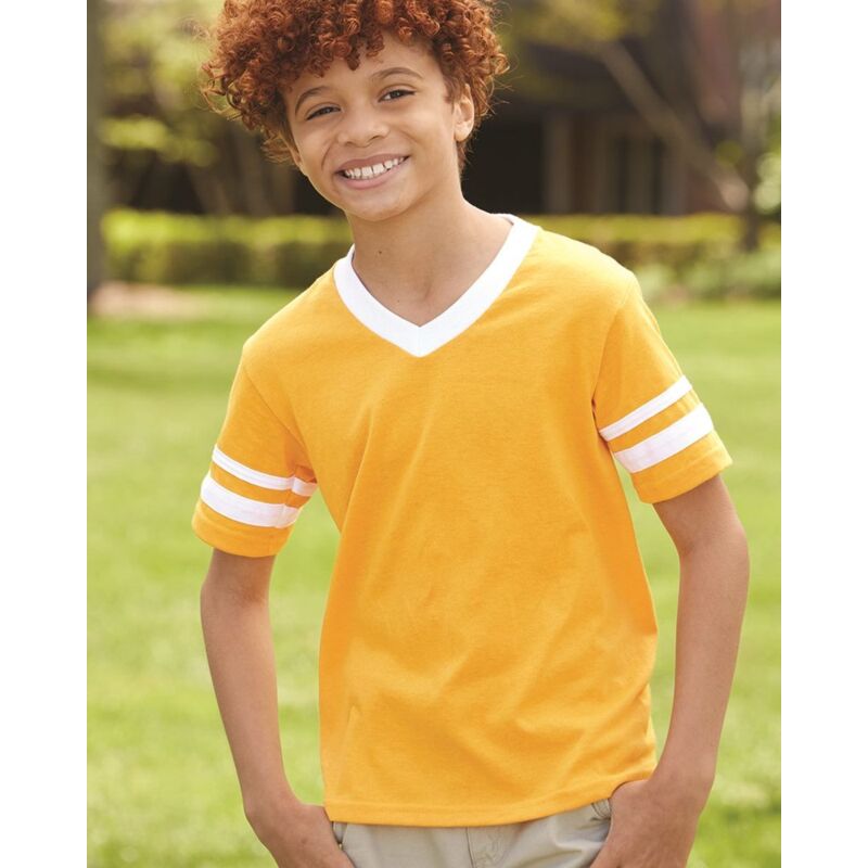 Augusta Sportswear Youth V-Neck Jersey with Striped Sleeves 361 Youth V-Neck Jersey with Striped Sleeves Thumbnail